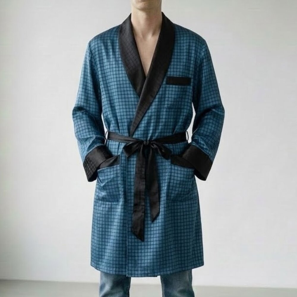 VTG 1950s Bel-Air Canada Men's Blue Check Robe Dressing Gown Smoking Jacket L